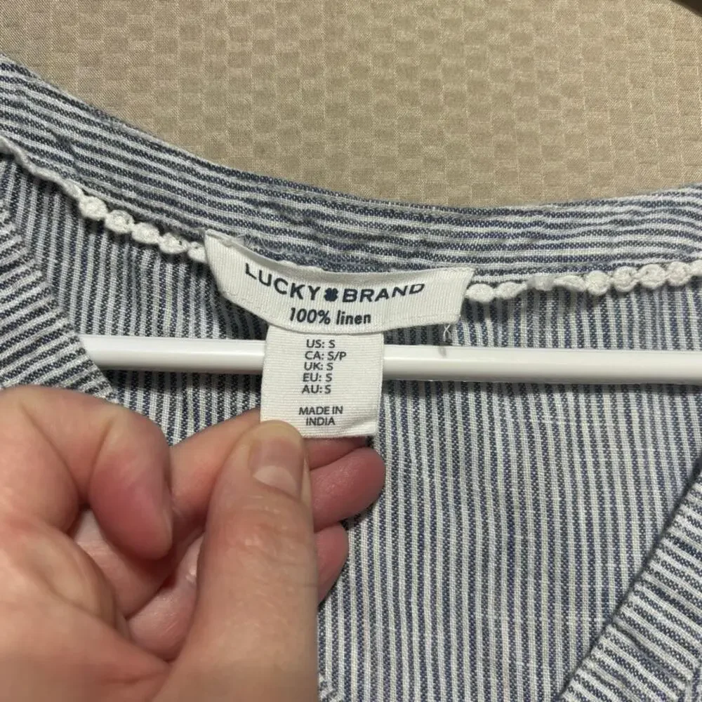 Lucky Brand 100% Linen Blue White Striped Sleeveless Tiered V-Neck Dress Size S - Picture 3 of 7